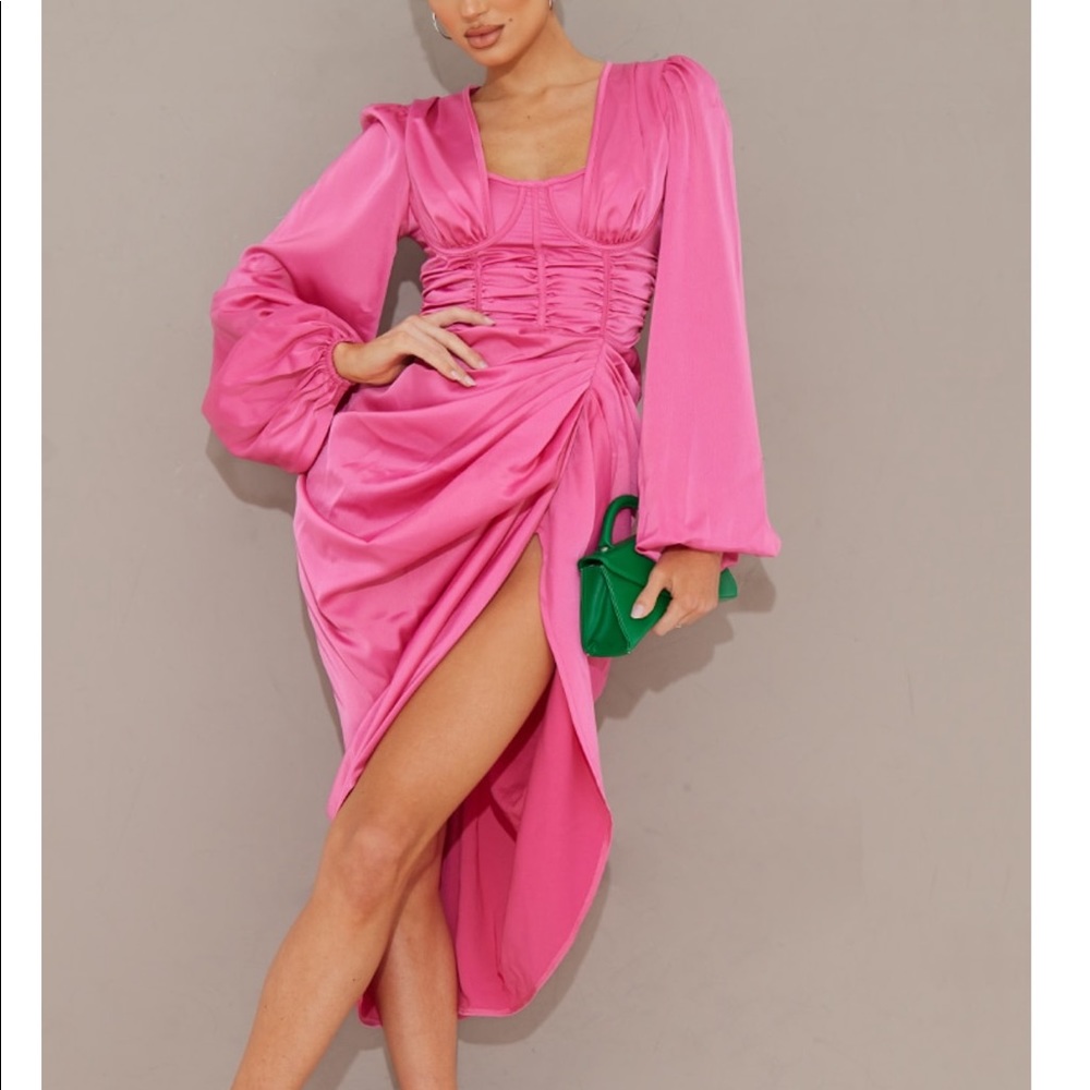 PLT Hot Pink Satin Draped Midi Dress